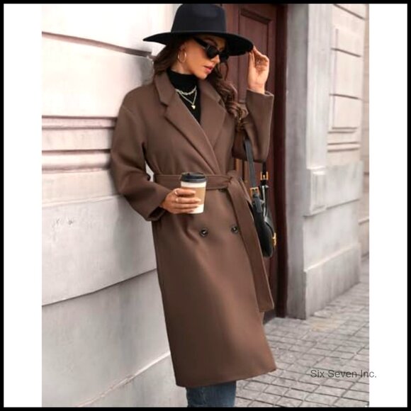 Winter Wool Blend Coat Double Breasted Notch Lapel Long Trench Peacoat - Picture 3 of 6